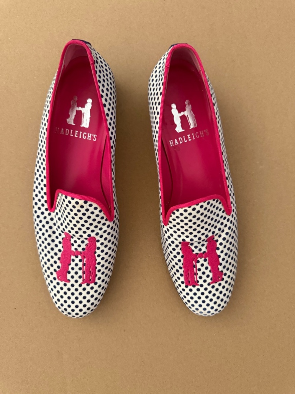 Hadleigh’s signature women’s smoking slipper in navy white polka dots size 39